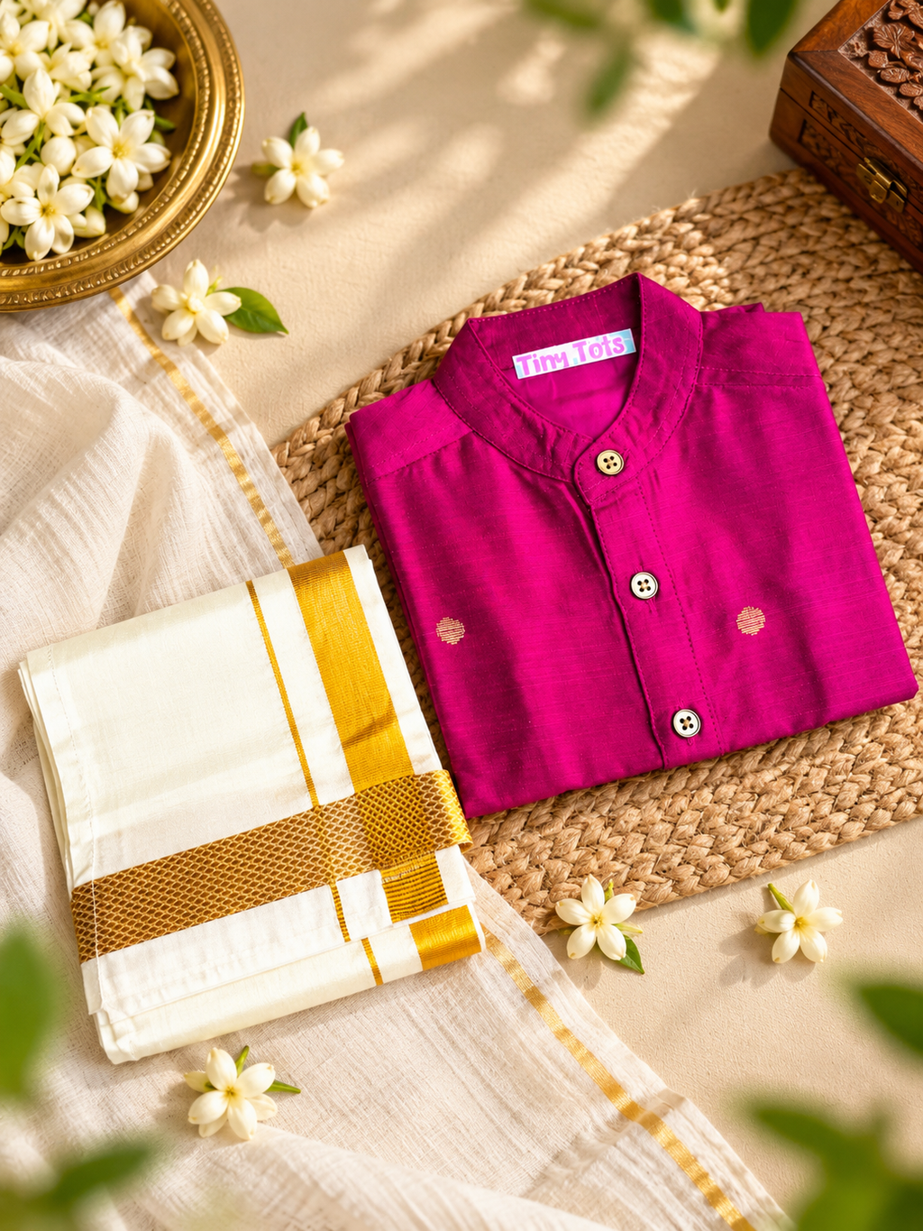 Rani Pink Silk Butta Shirt with White Pattu Dhoti for Boys – Traditional Festive Set