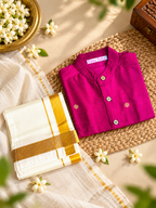 Rani Pink Silk Butta Shirt with White Pattu Dhoti for Boys – Traditional Festive Set