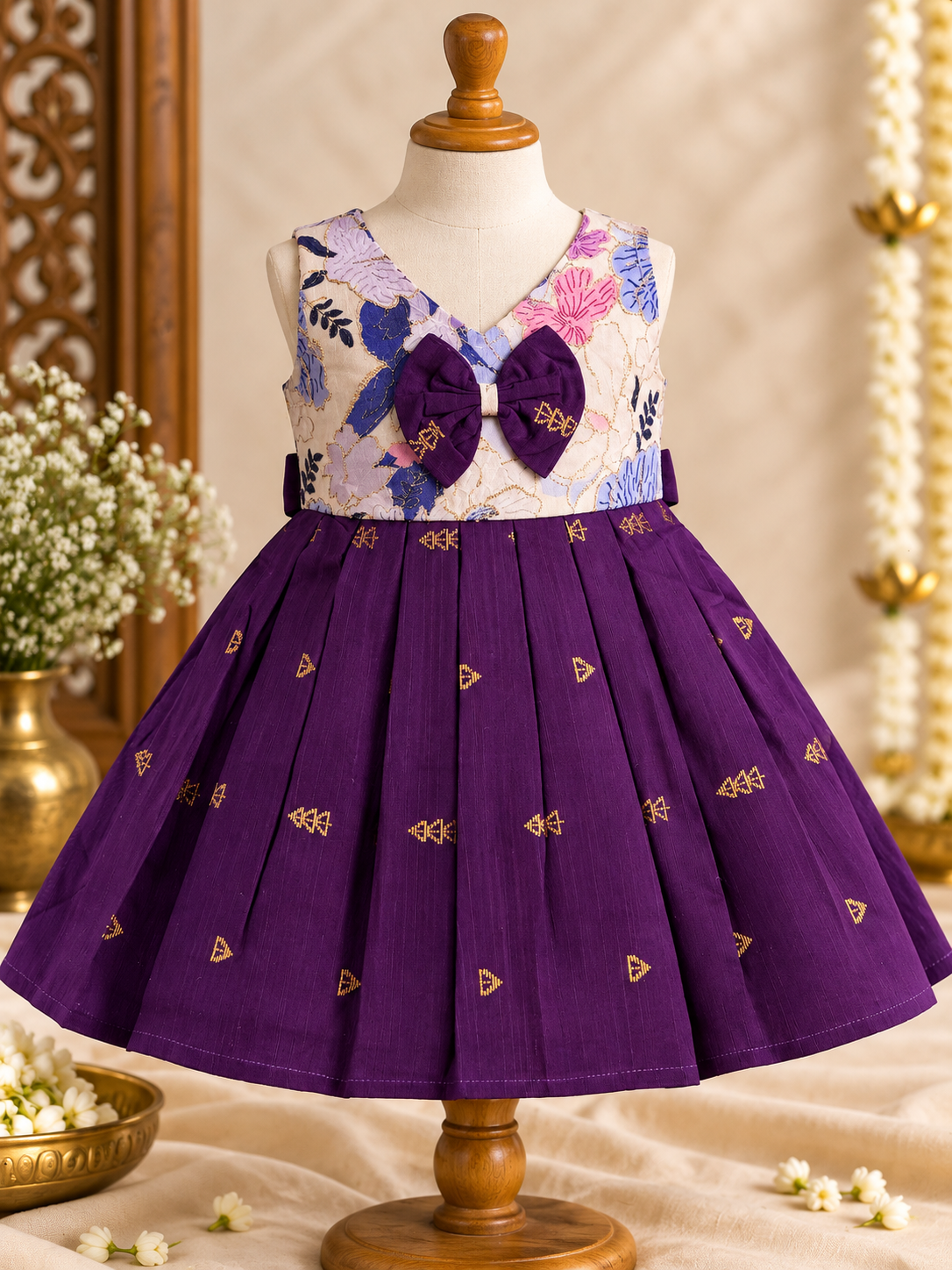 Purple Floral Raw Silk Teppy Ethnic Frock for Girls