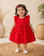 Crinkle Muslin Heart Print Baby Girl Dress with Bow – Red