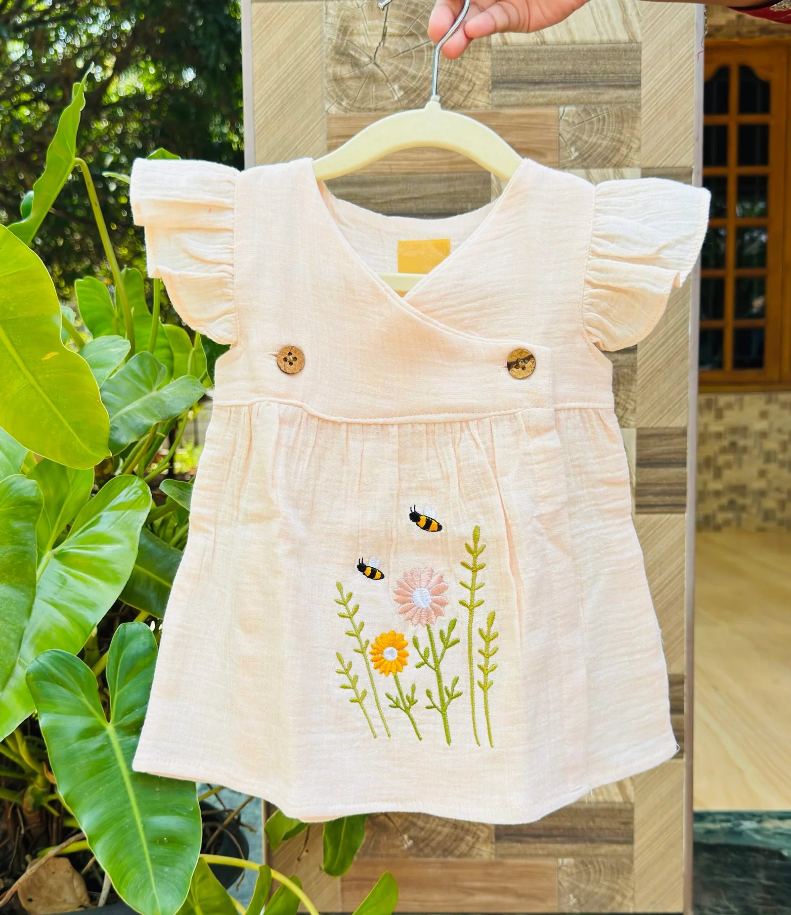Double layer Crinkle Muslin Baby Dress - Floral Bee Embroidery (Peach Beige)