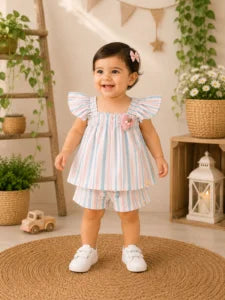 Pastel Stripe Flutter Sleeve Cotton Co-Ord Set for Baby Girls