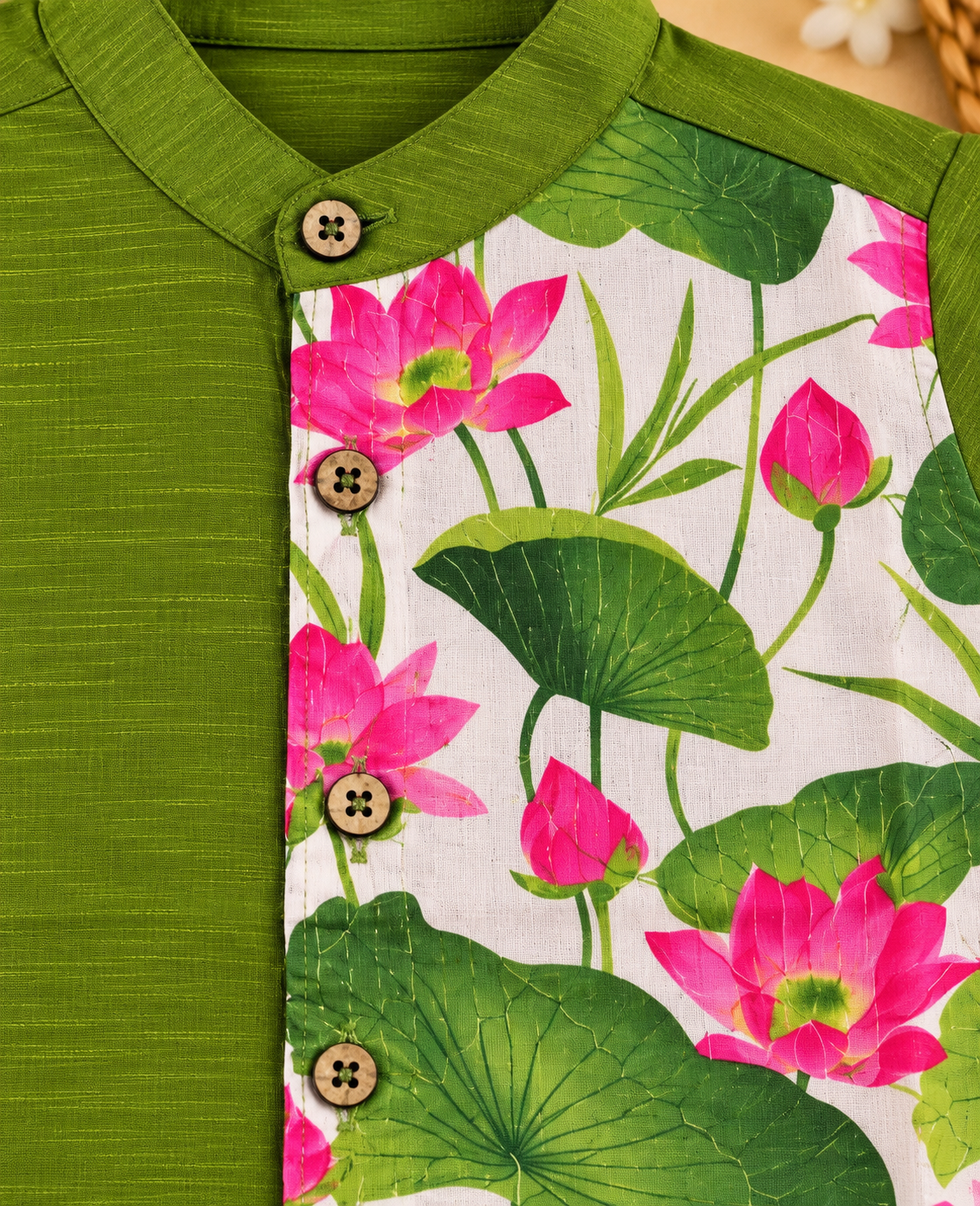 Olive Green Raw Silk Floral Print Shirt & Dhoti Set for Boys
