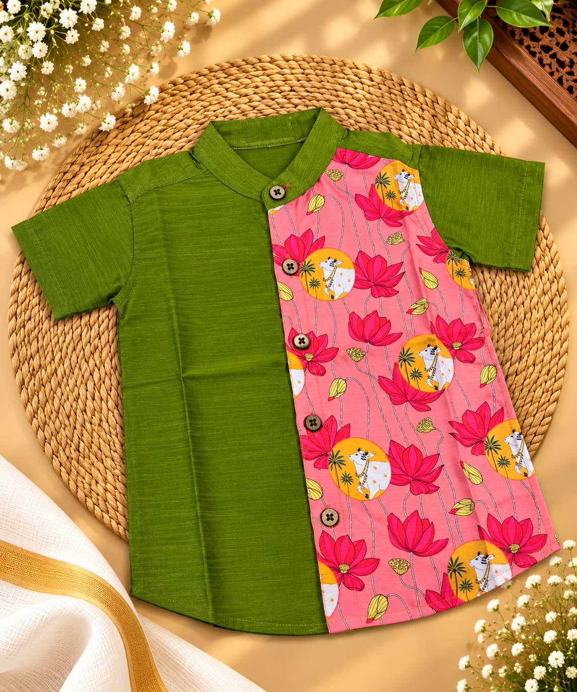 Kids Ethnic Shirt – Green & Pink Pichwai Print