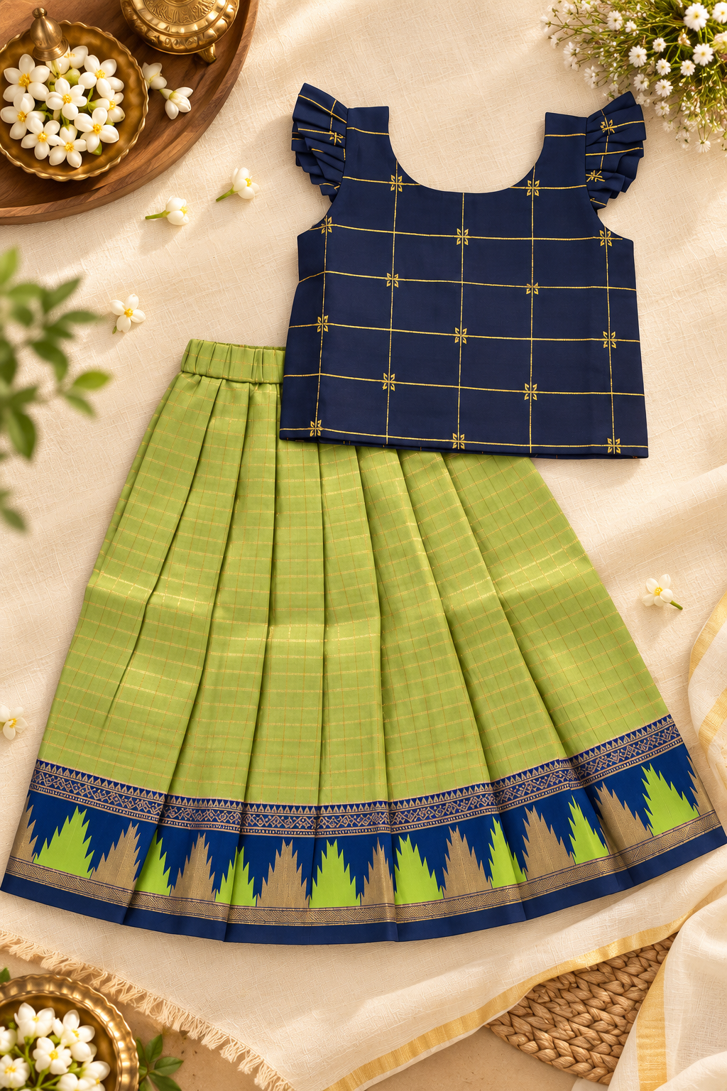 Navy Blue and Lime Green Traditional Pavadai Set