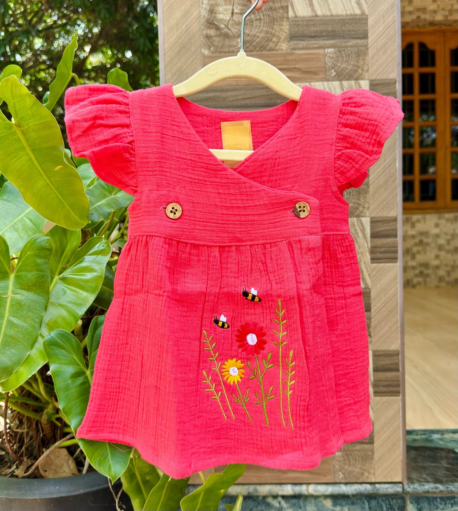 Double Layer Crinkle Muslin Baby Dress – Floral Bee Embroidery (Vibrant coral pink)