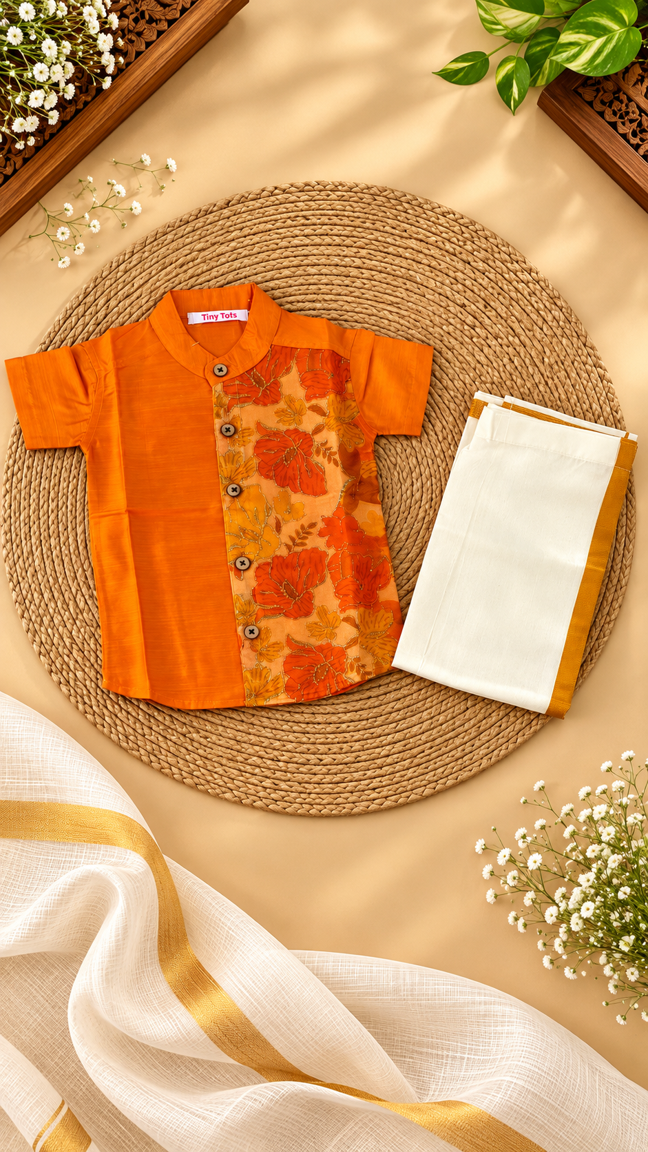 Mango Orange  Floral Raw Silk Ethnic Shirt with Traditional Dhoti Set for Boys
