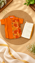 Mango Orange  Floral Raw Silk Ethnic Shirt with Traditional Dhoti Set for Boys
