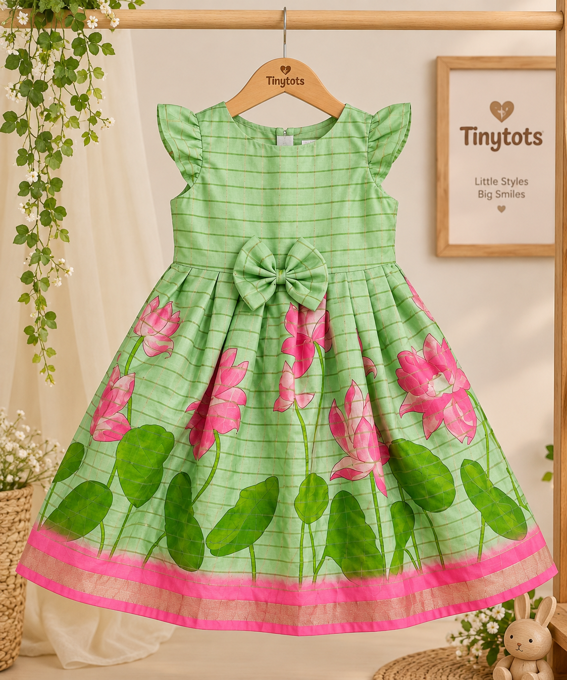 Pista Green Lotus Garden Tassar Silk Dress