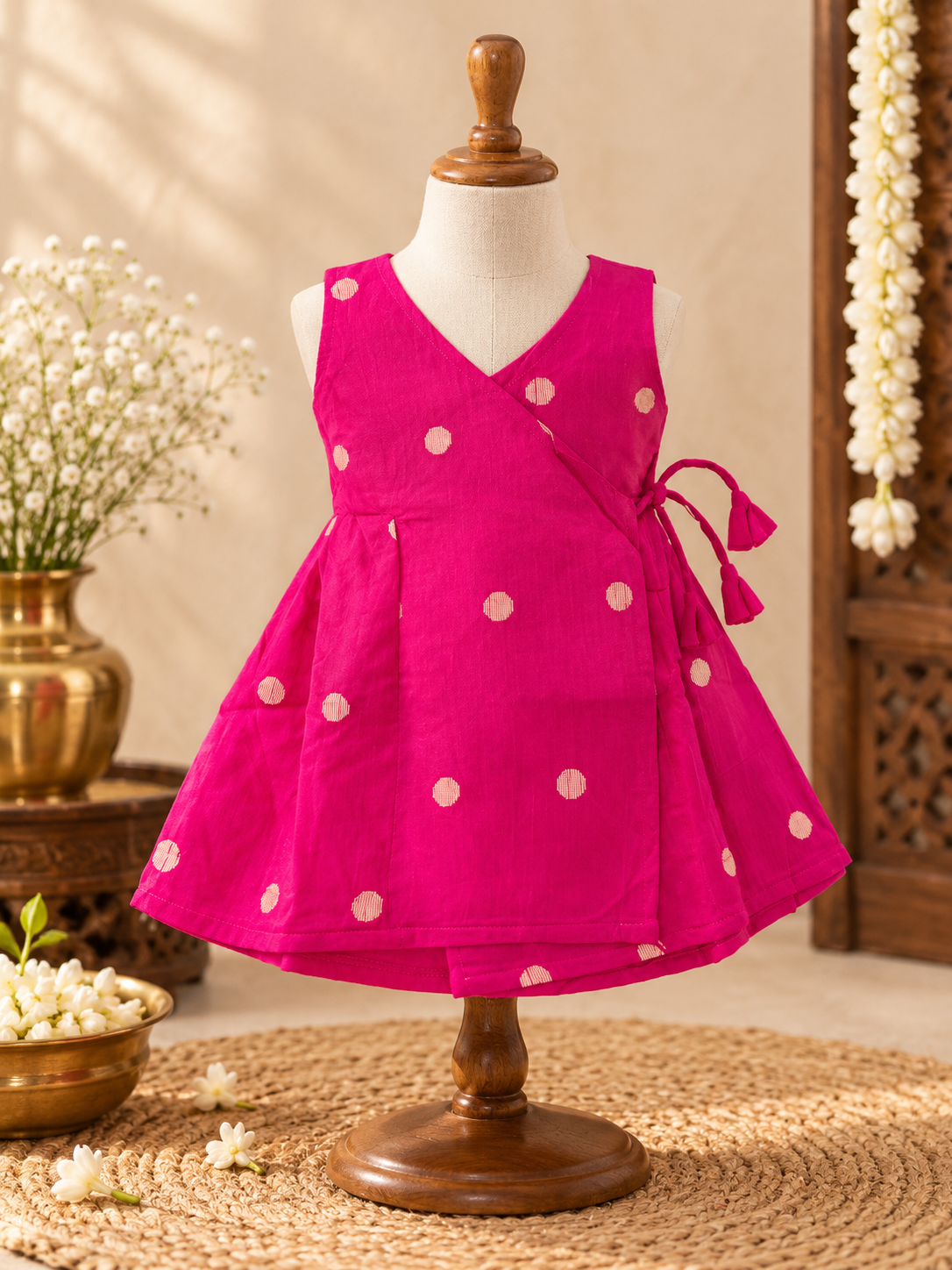 Pink Silk Baby Frock with Gold Polka | Side Knot Ethnic Wear
