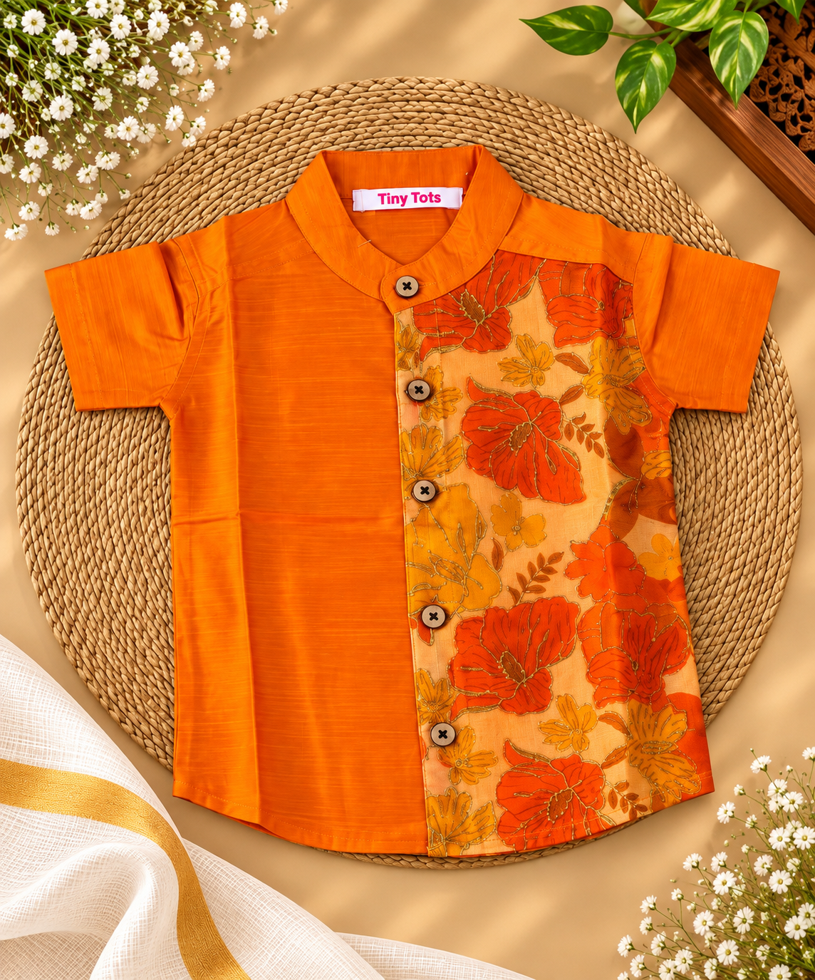 Mango Orange  Floral Raw Silk Ethnic Shirt with Traditional Dhoti Set for Boys