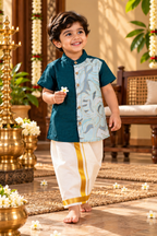 Green Silk Panel Shirt with White Pattu Dhoti for Boys – Traditional Festive Set
