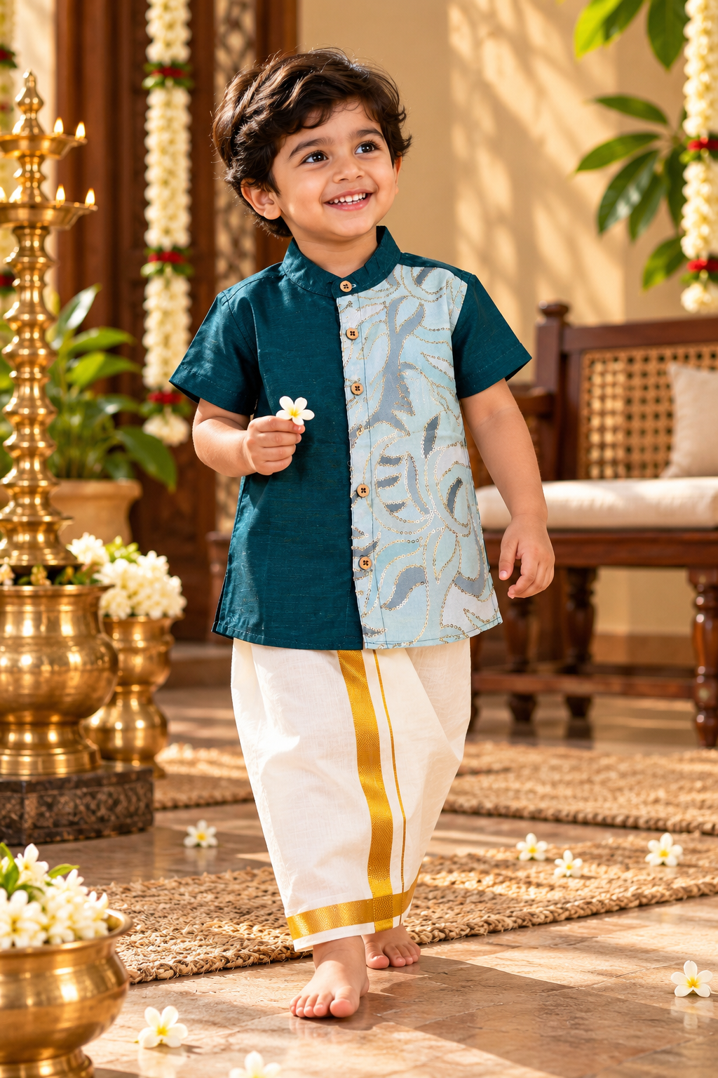 Green Silk Panel Shirt with White Pattu Dhoti for Boys – Traditional Festive Set