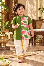 Olive Green Raw Silk Floral Print Shirt & Dhoti Set for Boys