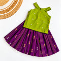 Traditional Raw Silk Pattu Frock Set for Girls – Green & Purple with Back Bow Design
