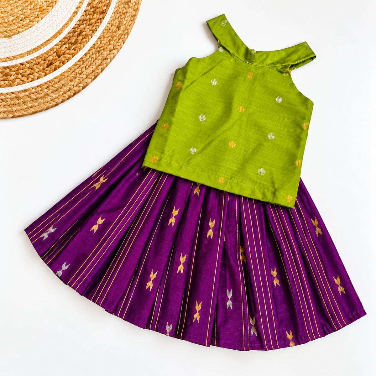 Traditional Raw Silk Pattu Frock Set for Girls – Green & Purple with Back Bow Design