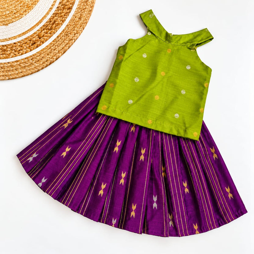 Traditional Raw Silk Pattu Frock Set for Girls – Green & Purple with Back Bow Design