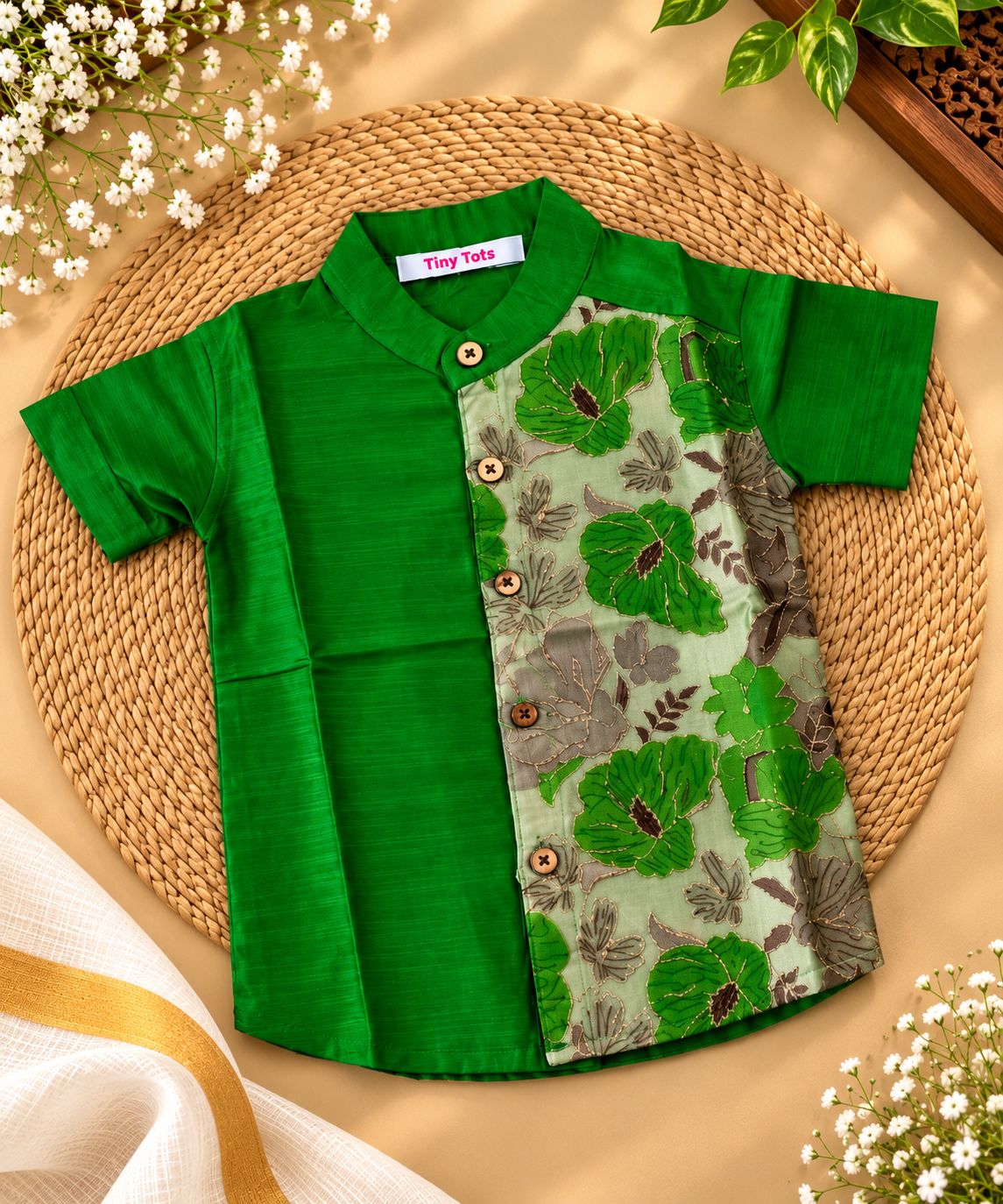 Green Floral Raw Silk Ethnic Shirt for Boys