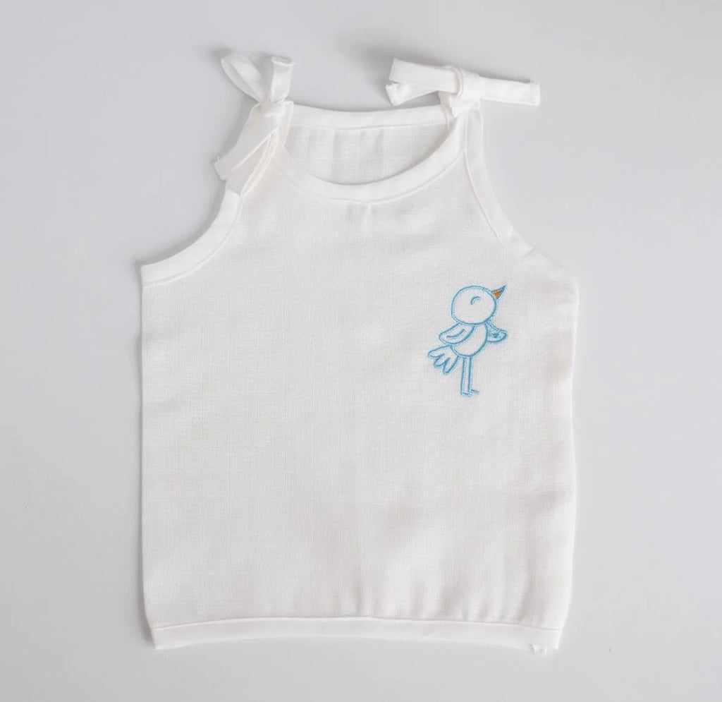 White Muslin Knot Jabla with Bird Embroidery – 100% Cotton for Newborns