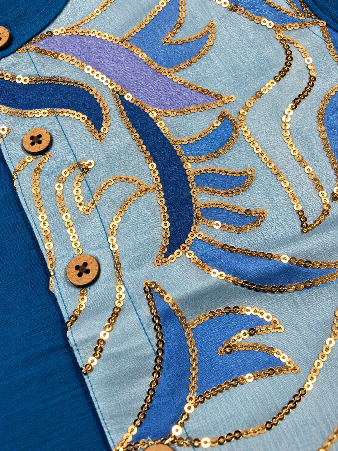Blue Raw Silk Ethnic Shirt with Designer Embroidered Panel for Boys