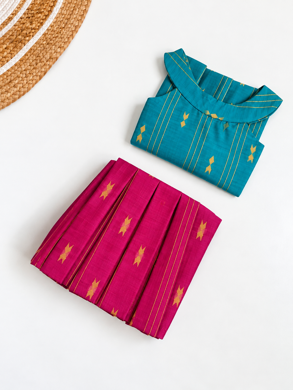 Traditional Raw Silk Pattu Frock Set for Girls – Turquoise Blue & Pink  with Back Bow