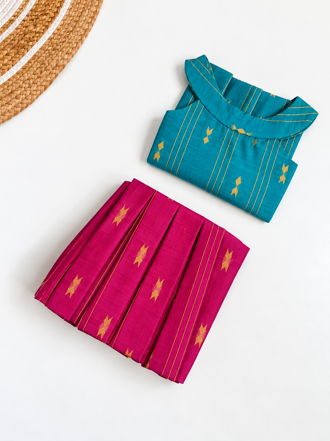 Traditional Raw Silk Pattu Frock Set for Girls – Turquoise Blue & Pink  with Back Bow