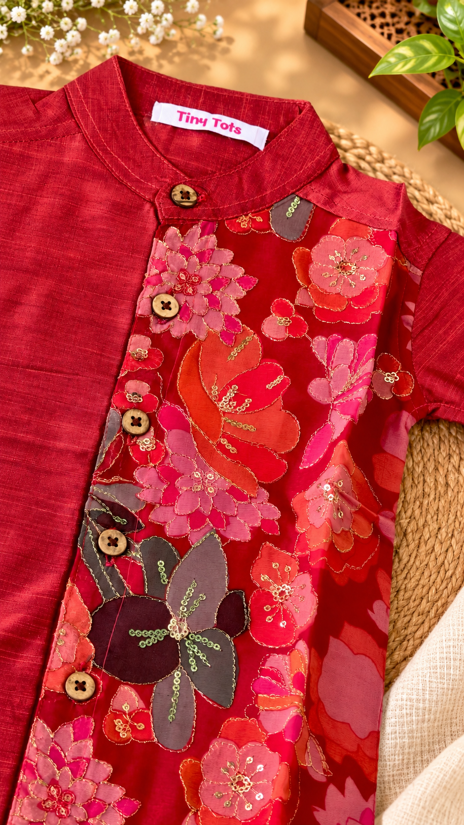 Red Floral Raw Silk Ethnic Shirt with Traditional Dhoti Set for Boys