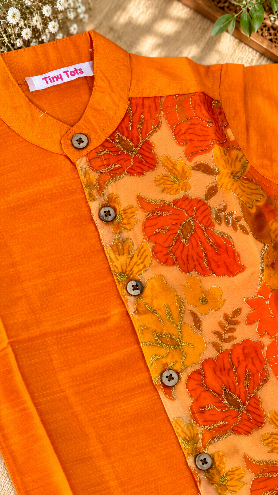 Mango Orange  Floral Raw Silk Ethnic Shirt with Traditional Dhoti Set for Boys