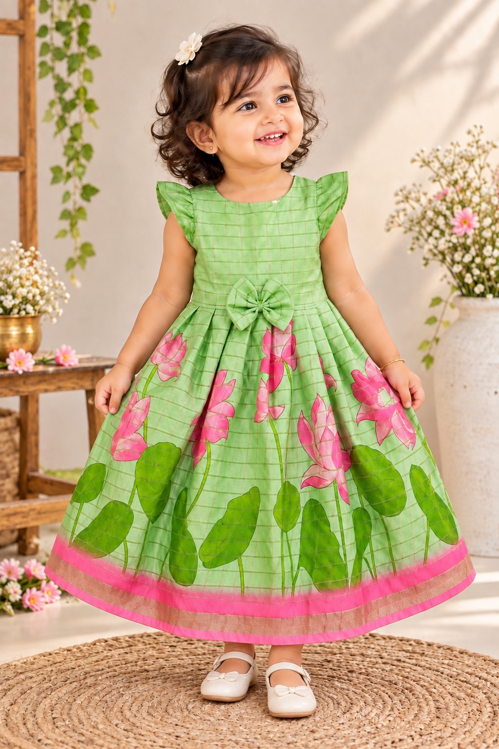 Pista Green Lotus Garden Tassar Silk Dress