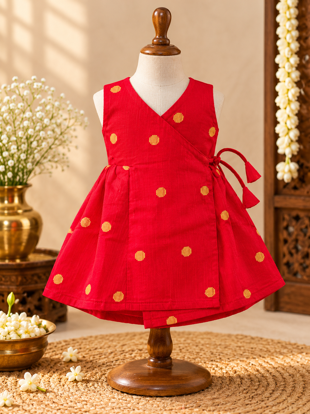 Red Silk Baby Frock with Gold Polka | Side Knot Ethnic Wear