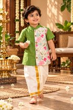 Pistachio Green Silk Panel Shirt with White Pattu Dhoti for Boys – Traditional Festive Set