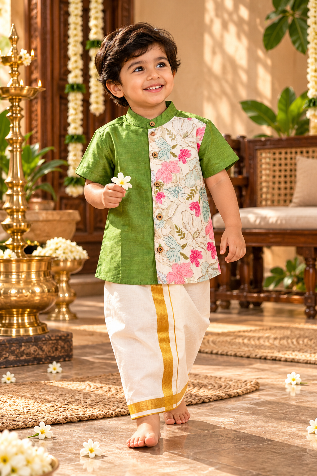 Pistachio Green Silk Panel Shirt with White Pattu Dhoti for Boys – Traditional Festive Set