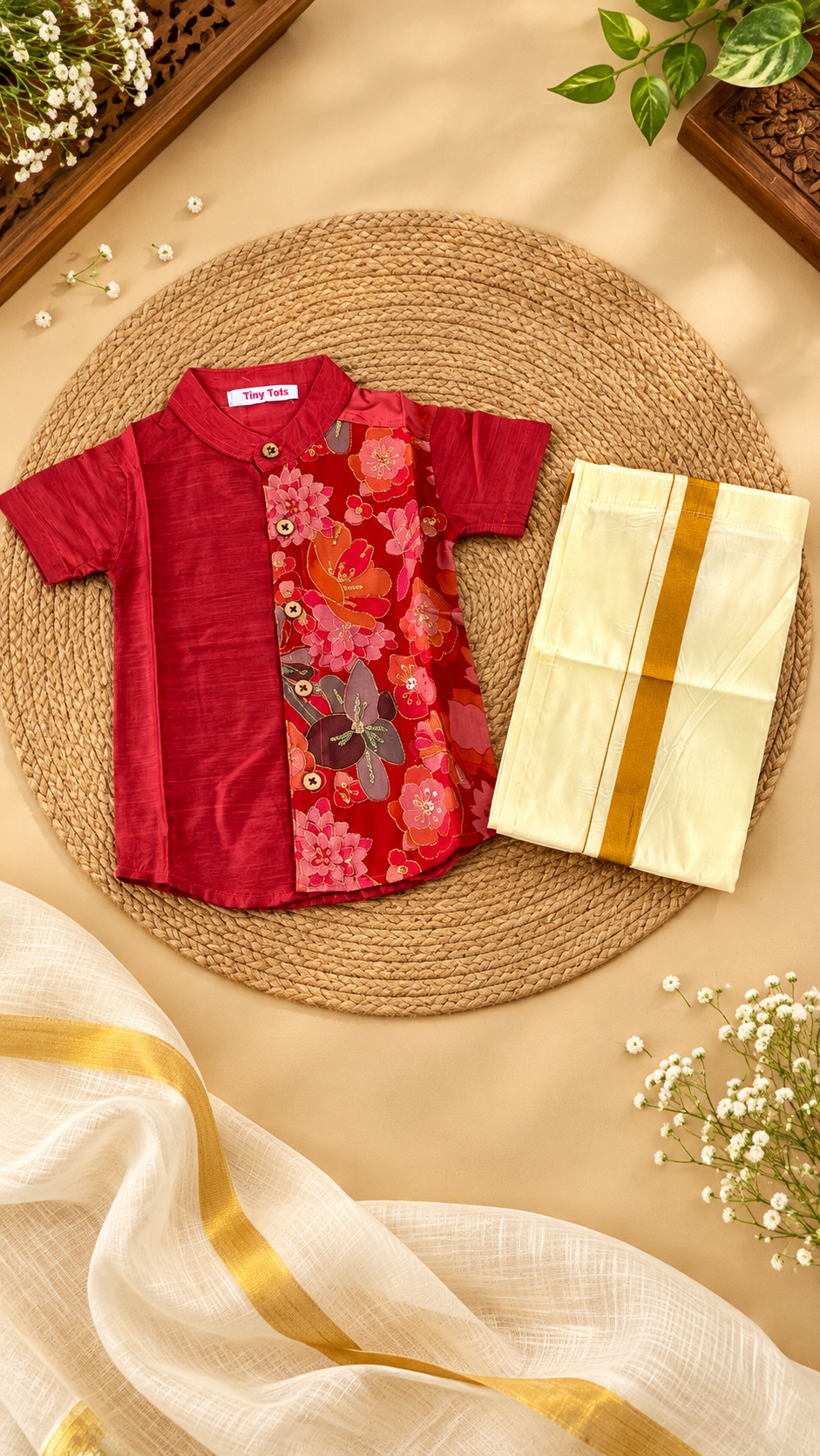 Red Floral Raw Silk Ethnic Shirt with Traditional Dhoti Set for Boys