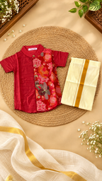 Red Floral Raw Silk Ethnic Shirt with Traditional Dhoti Set for Boys