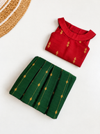 Traditional Raw Silk Pattu Frock Set for Girls – Red & Green with Back Bow