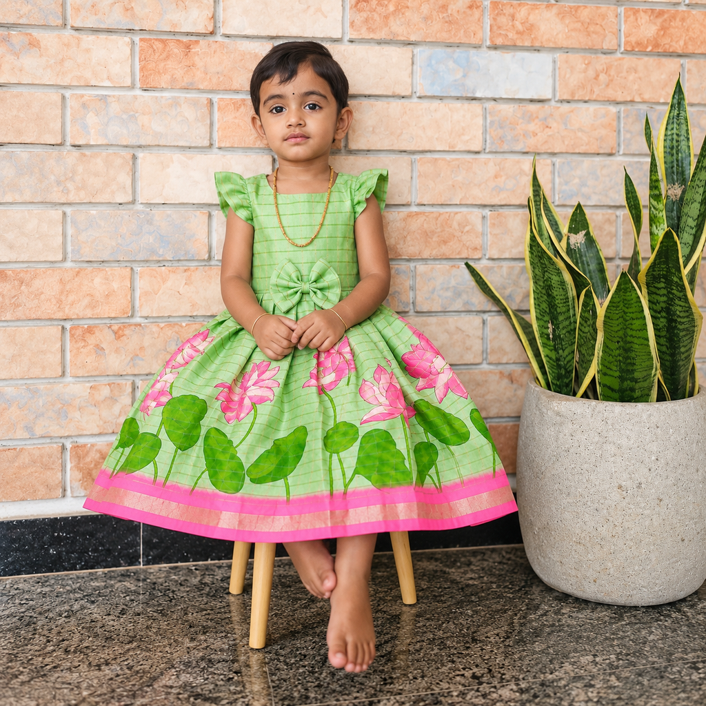 Pista Green Lotus Garden Tassar Silk Dress