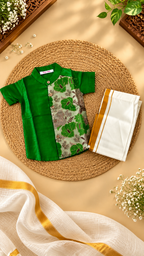 Green Floral Raw Silk Ethnic Shirt with Traditional Dhoti Set for Boys