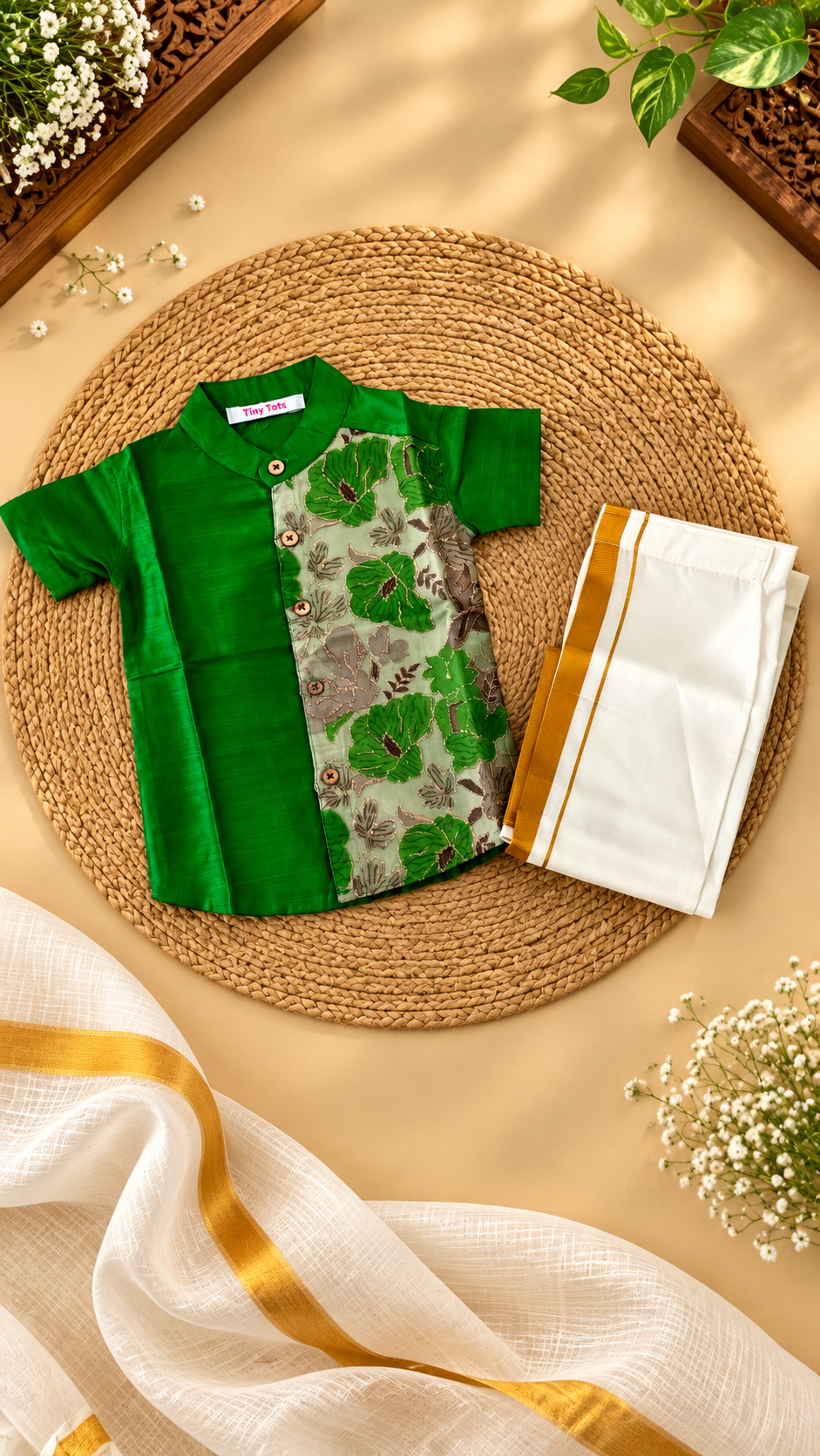 Green Floral Raw Silk Ethnic Shirt with Traditional Dhoti Set for Boys