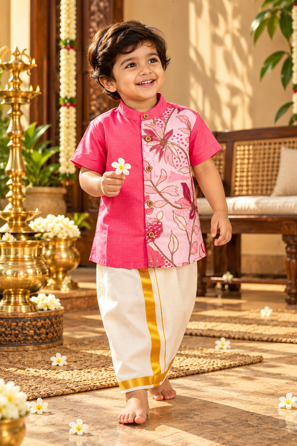 Hot Pink Silk Panel Shirt with White Pattu Dhoti for Boys – Traditional Festive Set