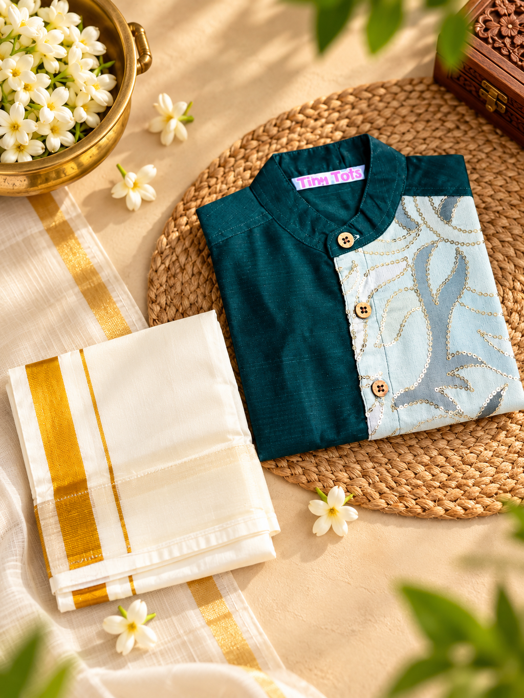 Green Silk Panel Shirt with White Pattu Dhoti for Boys – Traditional Festive Set