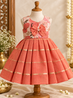Coral Pink Floral Raw Silk Teppy Ethnic Frock for Girls