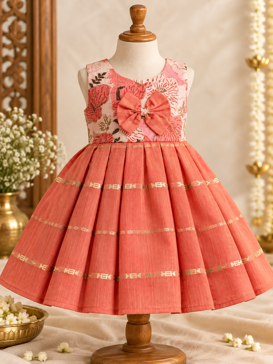 Coral Pink Floral Raw Silk Teppy Ethnic Frock for Girls