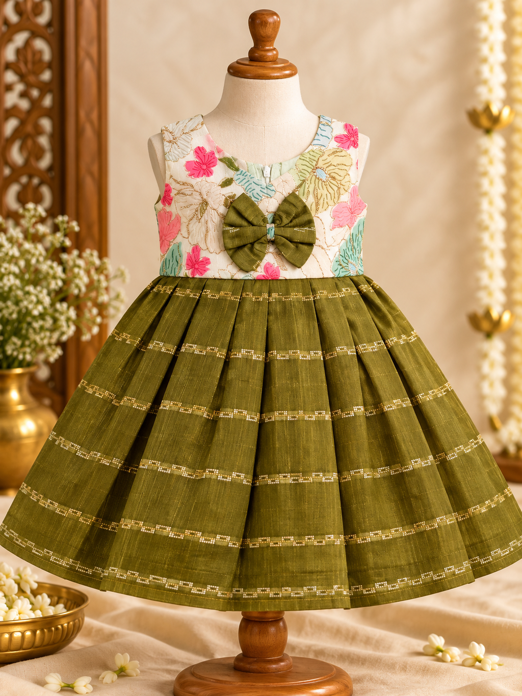 Olive Green Floral Raw Silk Teppy Ethnic Frock for Girls