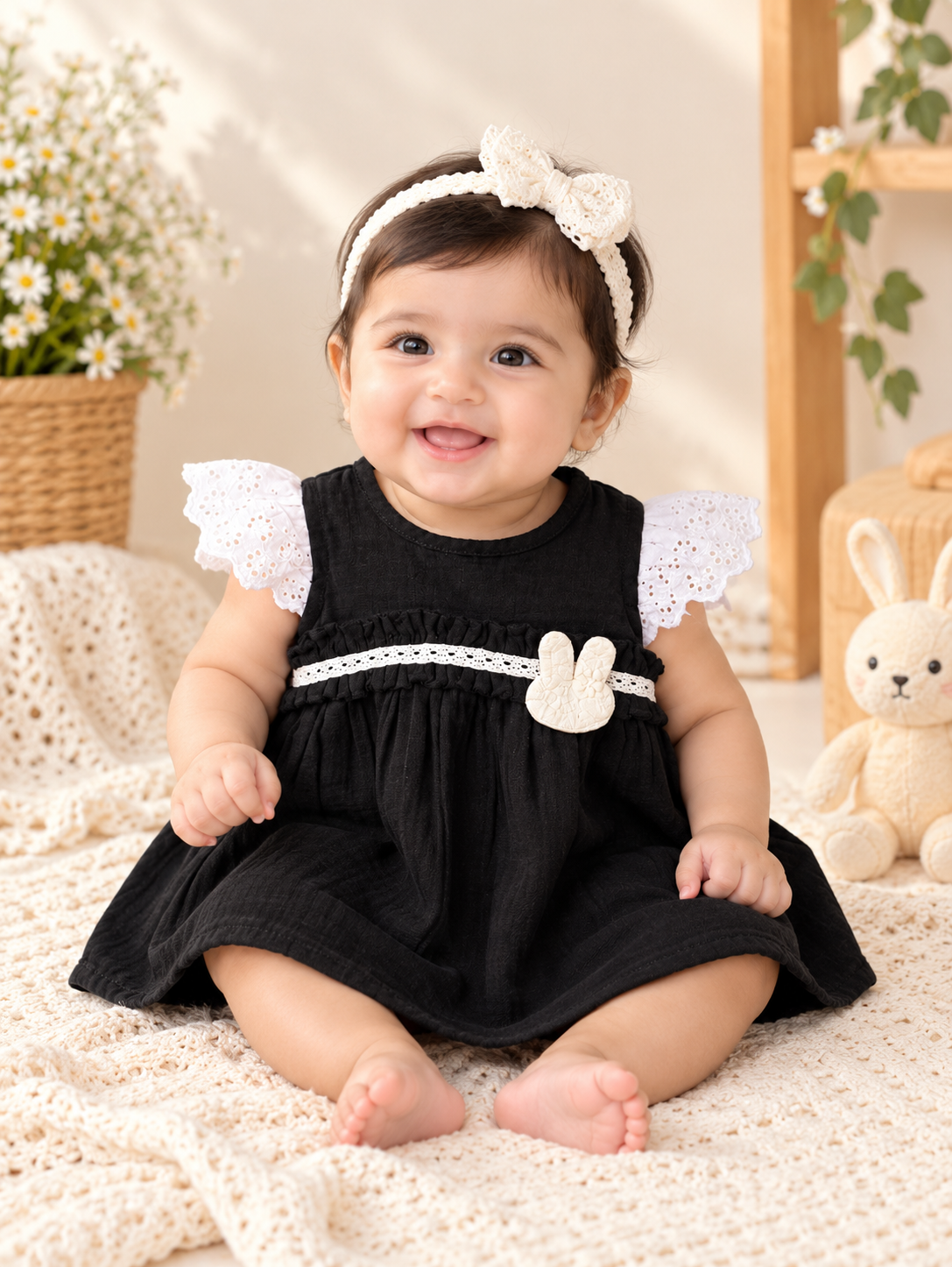 Midnight Black Bloom Crinkle Muslin Frock