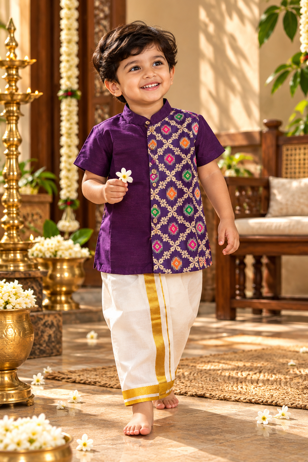Royal Purple Raw Silk Patola Print Shirt & Dhoti Set for Boys
