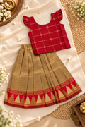 Red Raw Silk Top with Antique Gold Brocade Pavadai Set