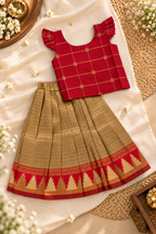 Red Raw Silk Top with Antique Gold Brocade Pavadai Set