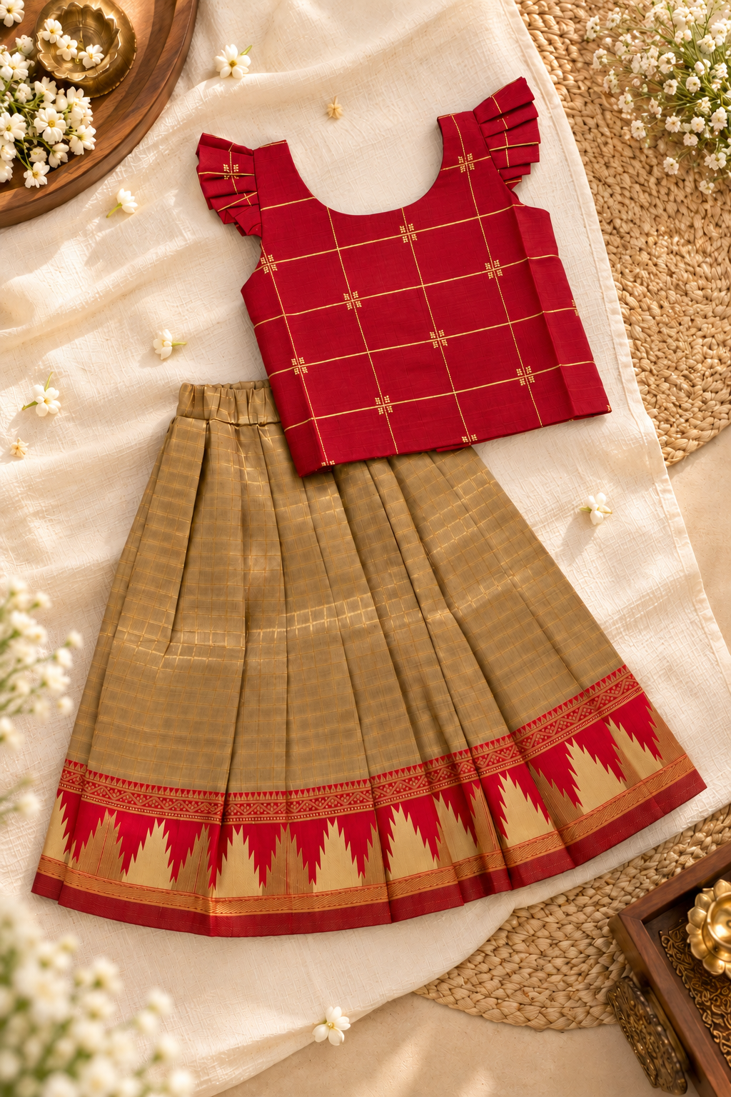 Red Raw Silk Top with Antique Gold Brocade Pavadai Set