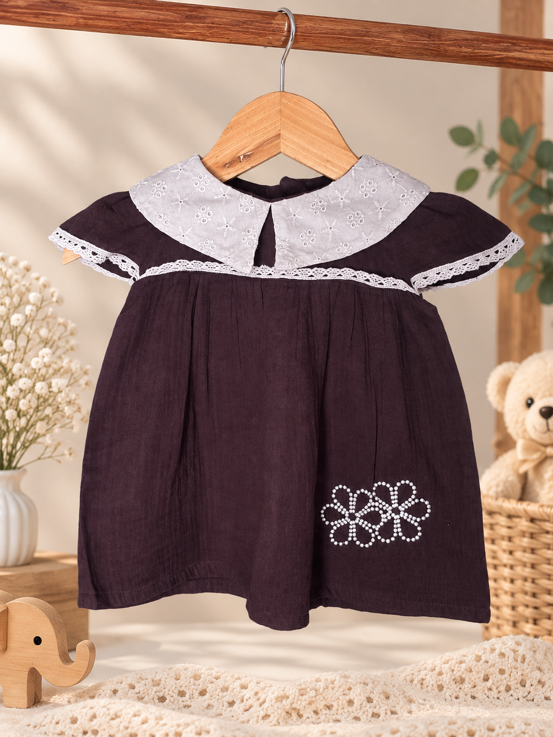 Dark Brown Muslin Frock with Hakoba Collar