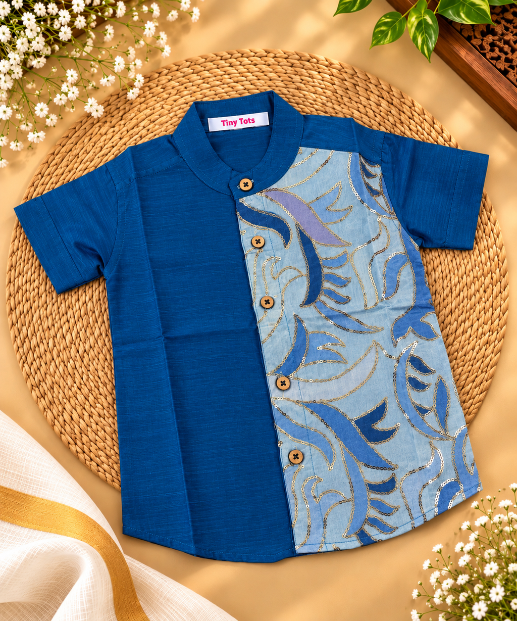 Blue Raw Silk Ethnic Shirt with Designer Embroidered Panel for Boys